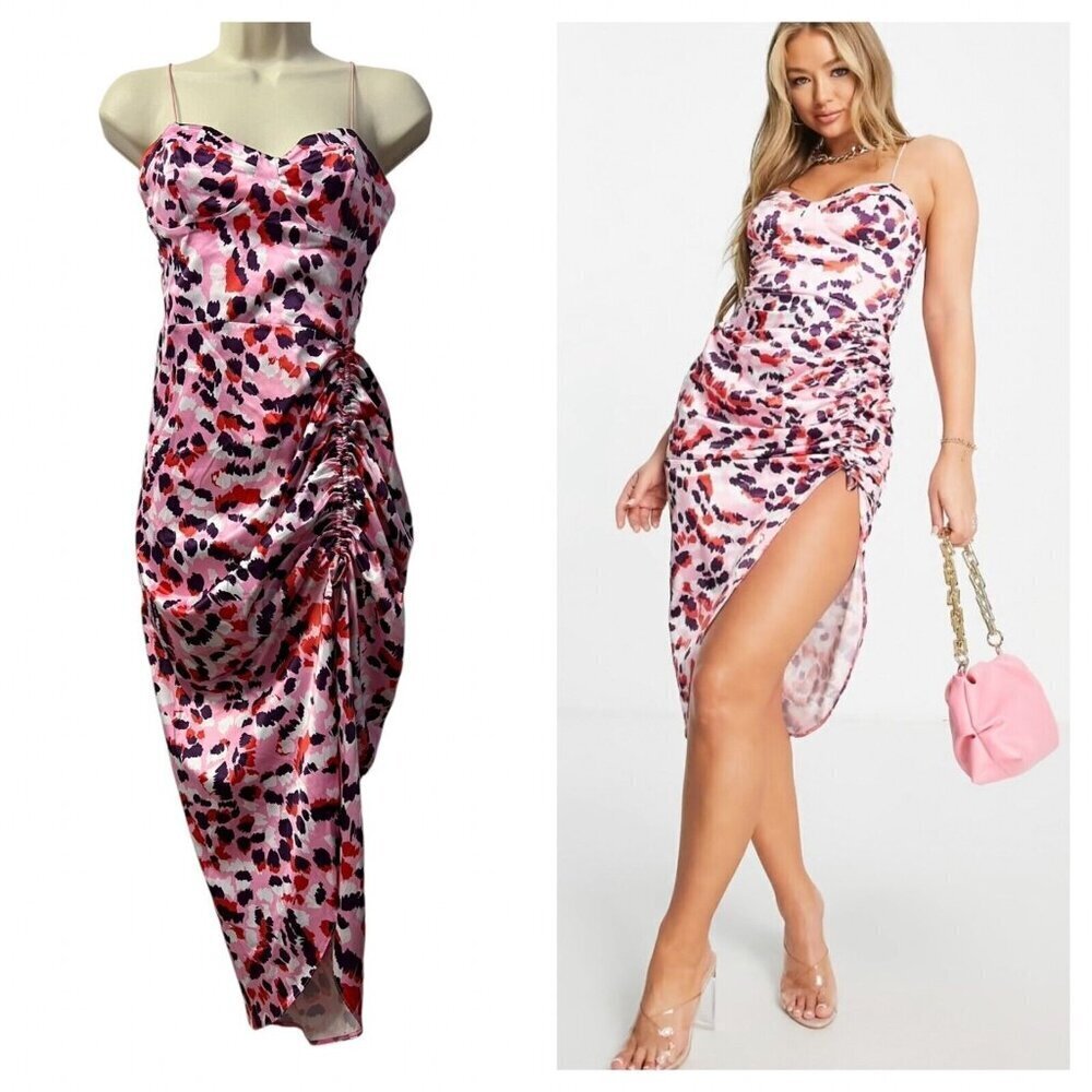 Asos Design Midi Dress Size 4 Satin Cami Pink Purple Leopard‎ Ruched Side Party - Picture 3 of 16